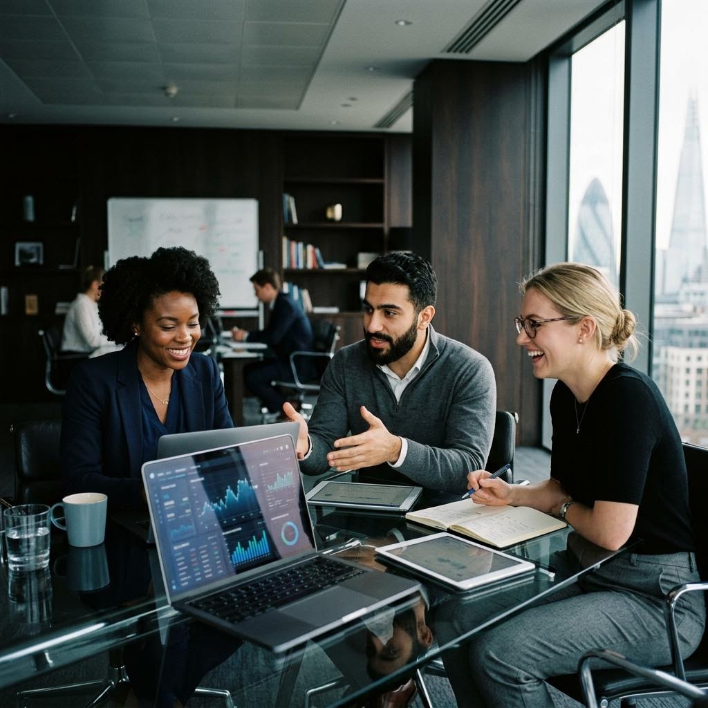 Équipe d'ingénieurs IA et analystes financiers collaborant en salle des marchés